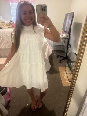 entro White Tiered Ruffle Neck Dress